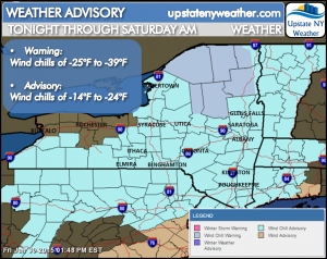 Upstate NY Weather - Bitter Cold Air Mass with Dangerous Wind Chills to Settle into Region Overnight into Early Saturday